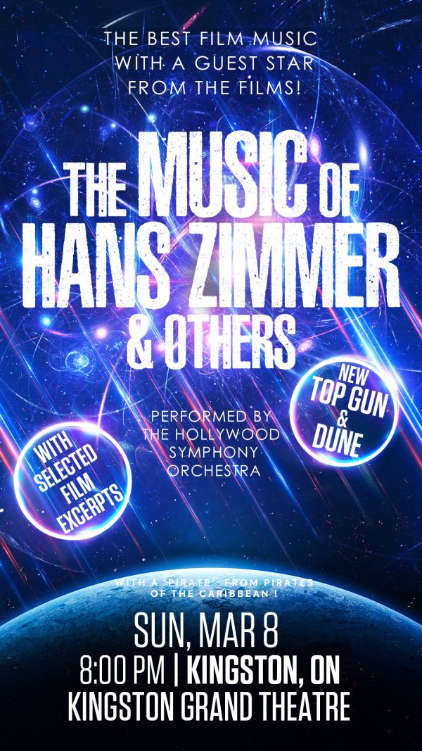 Bright blue and black streaked background with white text stating The Music of Hans Zimmer and Others