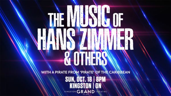 Bright blue and black streaked background with white text stating The Music of Hans Zimmer and Others