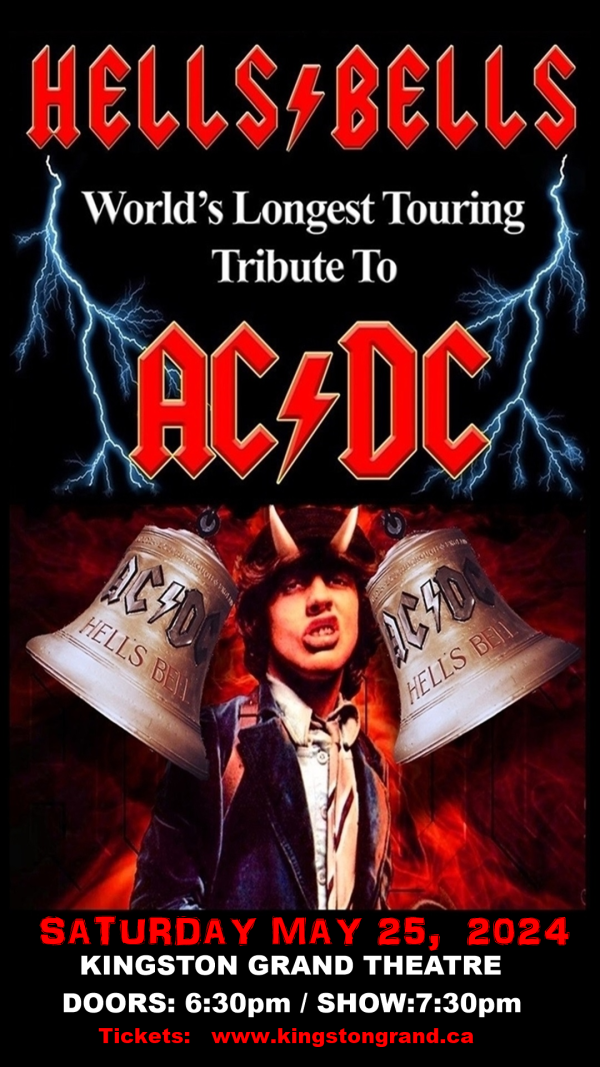 black poster with red letting Hells Bells AC/DC with two large bells and the lead singer in the center