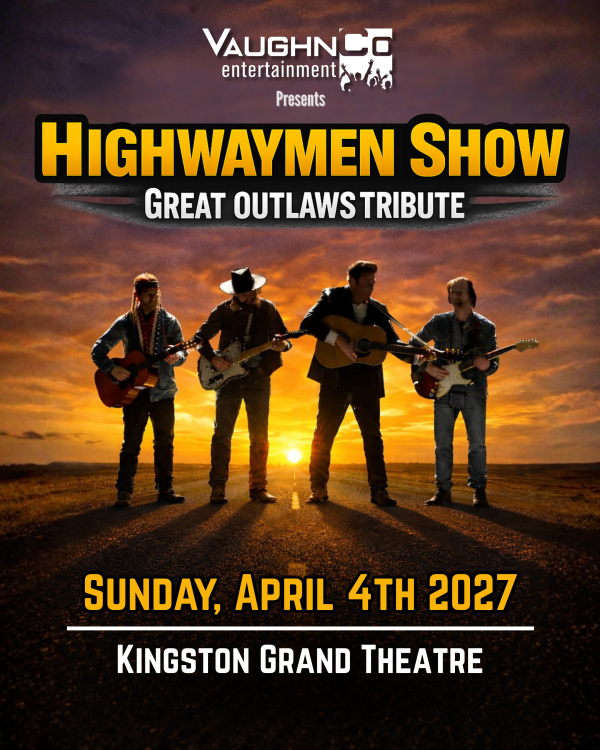 Poster for the Highwaymen Show: Great Outlaws Tribute, featuring four musicians on a highway at sunset.