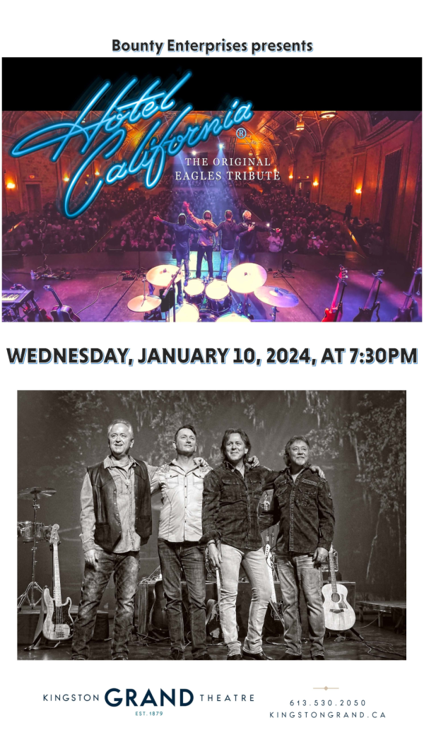 performers with their backs to the camera with Hotel California in blue lettering