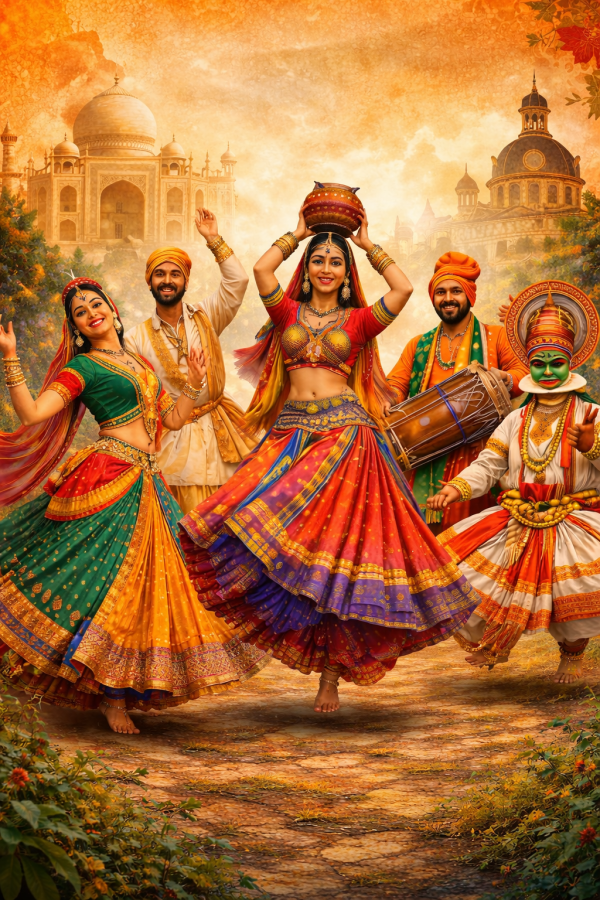 Group of performers in vibrant traditional Indian attire dancing outdoors with ornate architectural landmarks in the background