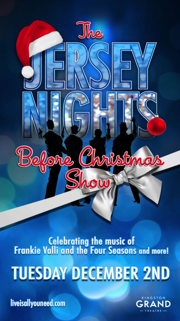 text Jersey Nights with a Santa hat on one corner and a Christmas ball decoration hanging from the other