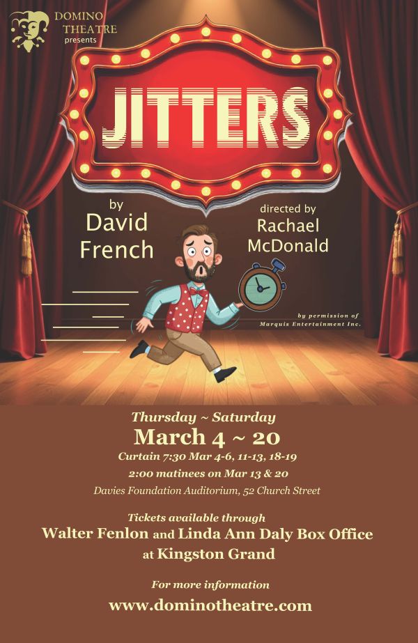 Poster for “Jitters” featuring a lit theatre marquee, stage curtains, and a cartoon figure running with a stopwatch, with dates and venue details.