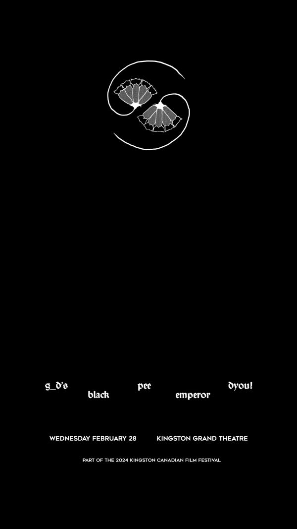 a black poster with two black and white images at the top with godspeed you black emperor across the bottom