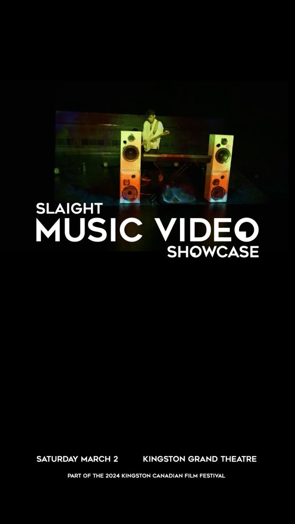 black poster with a stage with speakers setup