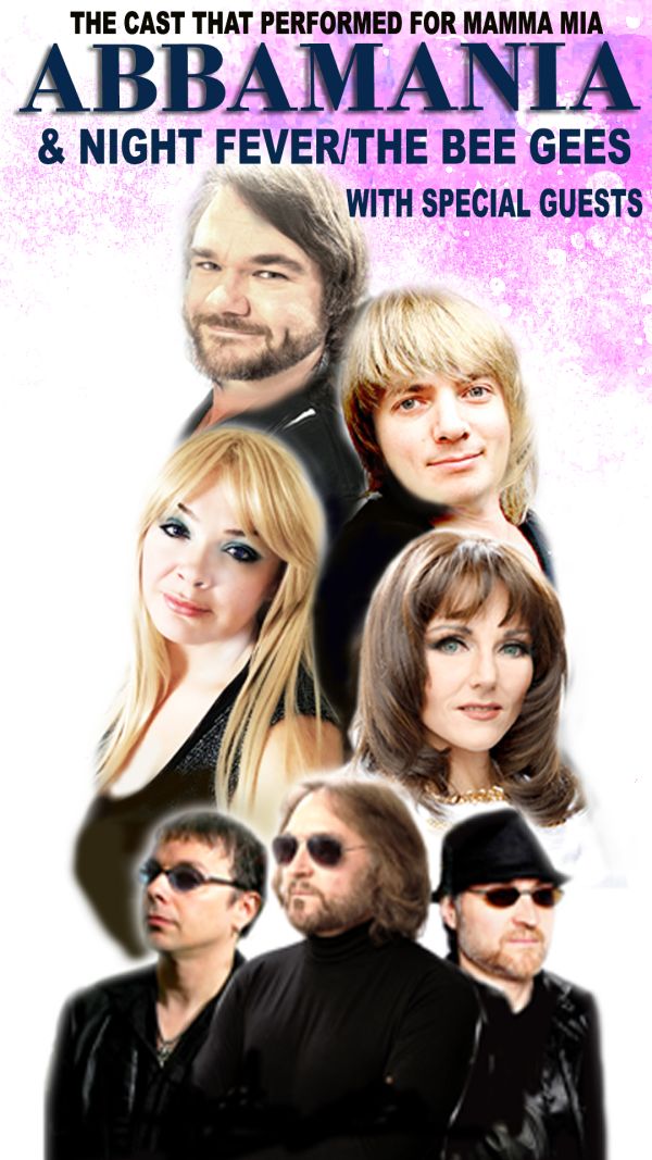 Promotional poster for Abbamania and Night Fever/The Bee Gees tribute show with special guests, featuring performers in themed costumes.