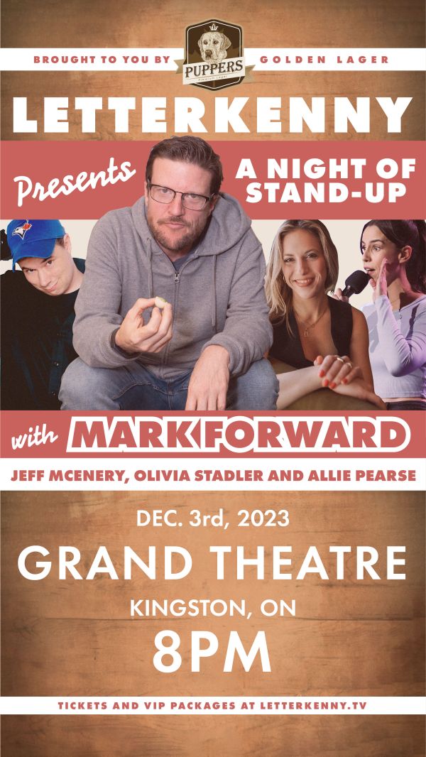 four comedians with show information top and bottom