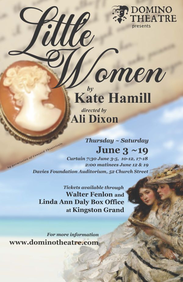 Poster for “Little Women” featuring a cameo portrait, handwritten letters background, and an illustration of two figures reading, with show dates and venue details for Domino Theatre.