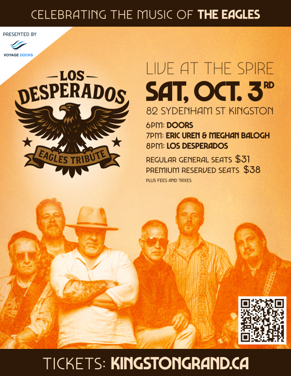 Event poster for Los Desperados, an Eagles tribute band, featuring show details for a performance on October 3rd at The Spire in Kingston.