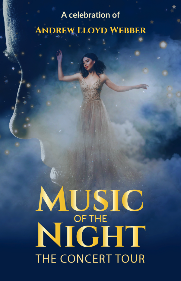 Navy blue poster with a singer in a white dress