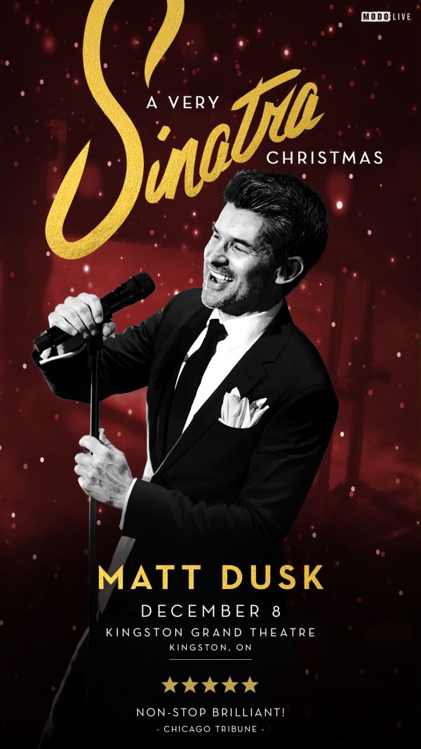 Holiday concert poster with a performer holding a microphone against a red, snow‑like background, gold script reading ‘A Very Sinatra Christmas'.