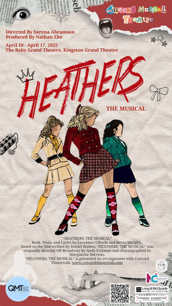 drawing of three females in skirts and long socks on textured paper with news paper clippings around the edges