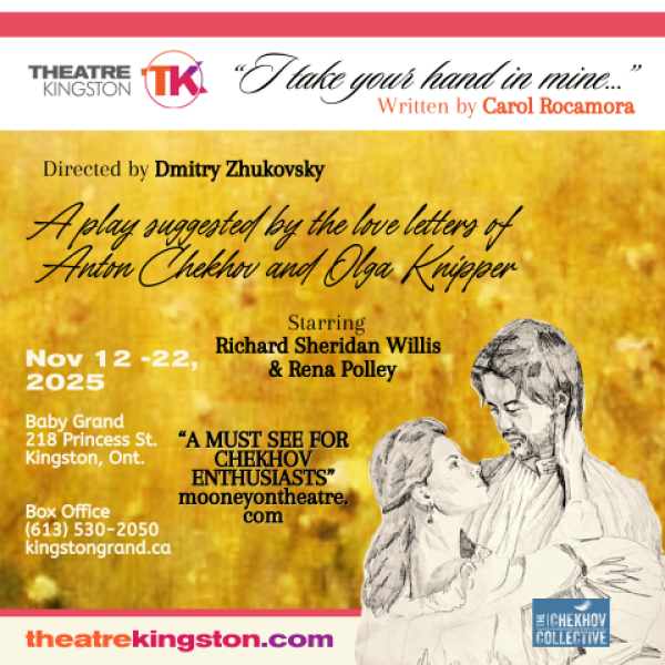 Poster for Theatre Kingston's 'I Take Your Hand in Mine...' featuring an illustrated couple embracing, with performance details for November 12–22, 2025 at Baby Grand, Kingston.
