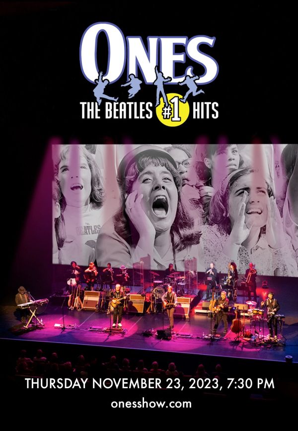 ONES - The Beatles #1 Hits a screaming fan with her hands on the side of her face is projected on a screen behind the performs on stage.