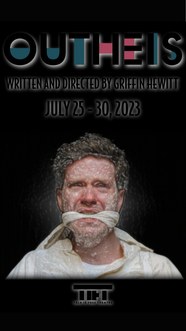 a gagged white man in a white shirt sits infront of a black background