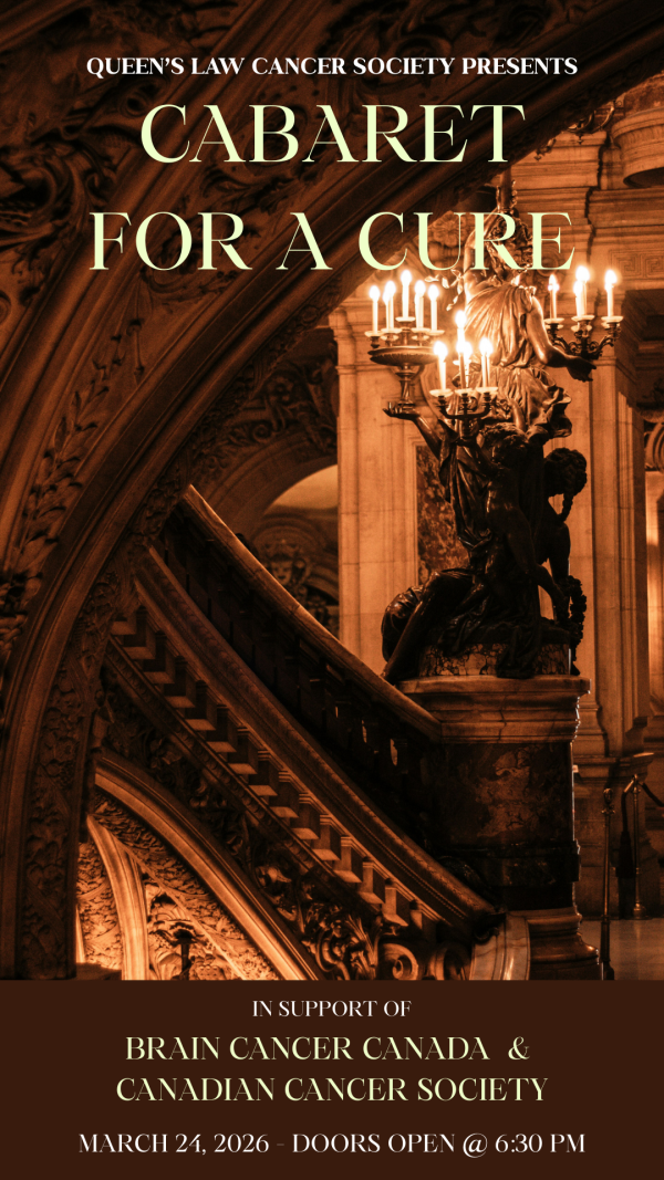 Poster for ‘Cabaret for a Cure’ with ornate staircase and candelabra, supporting cancer charities