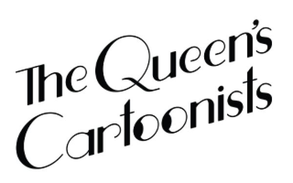 The Queen's Cartoonists in black script on a white background