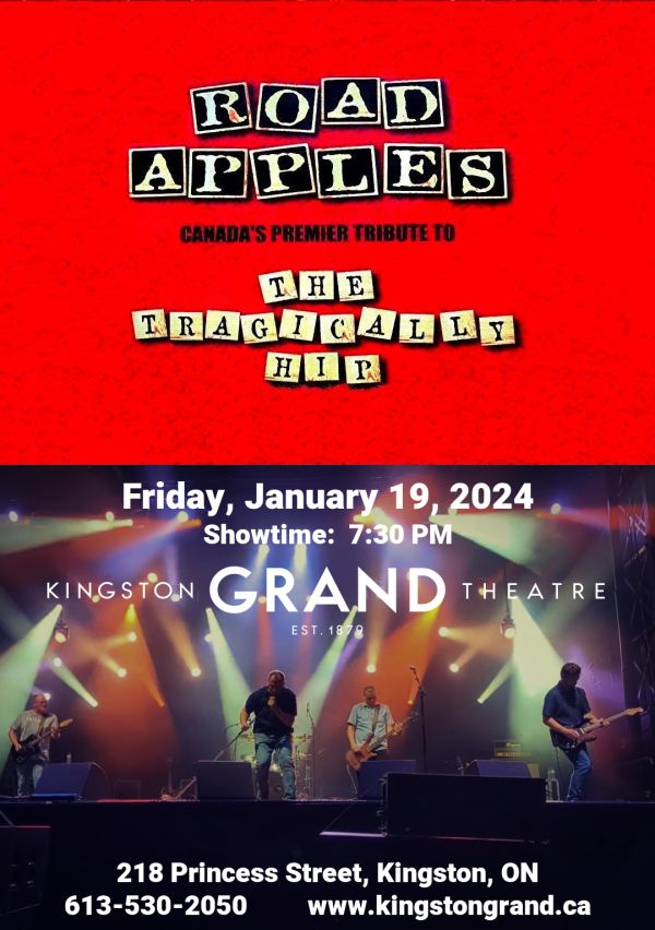 top in red with information, bottom a picture of the group on stage