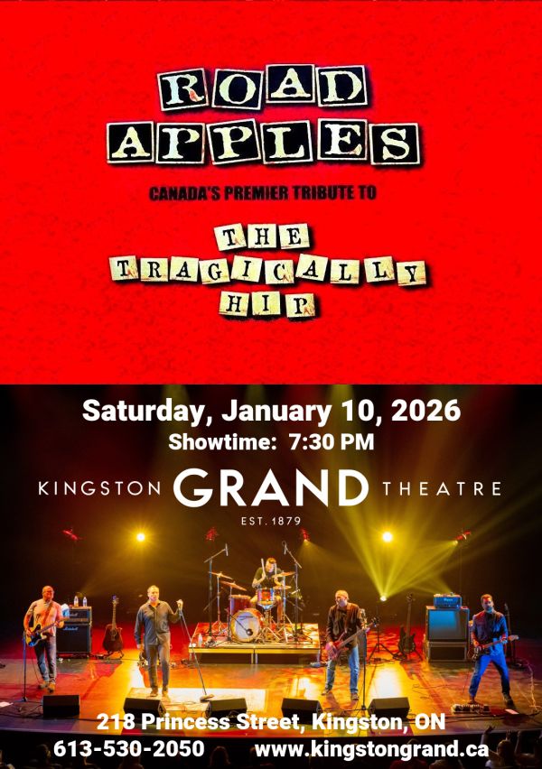group performing on stage with concert information over top