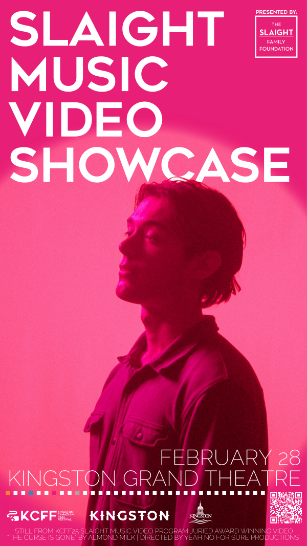 Bright pink promotional poster for the Slaight Music Video Showcase, featuring a silhouetted figure and event details for February 28 at Kingston Grand Theatre.