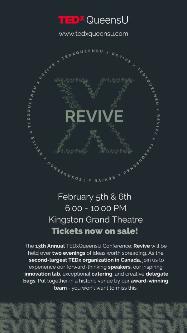 TEDxQueensU Conference: Revive! Very dark poster with a large X in the middle with the word Revive centered