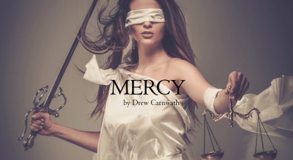 Mercy long haired white woman, wearing a white shift, blindfolded holding a sword in one hand and the scales of justice in the other