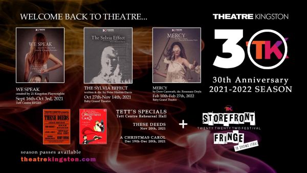 Collage of 5 images of shows being offered by Theatre Kingston