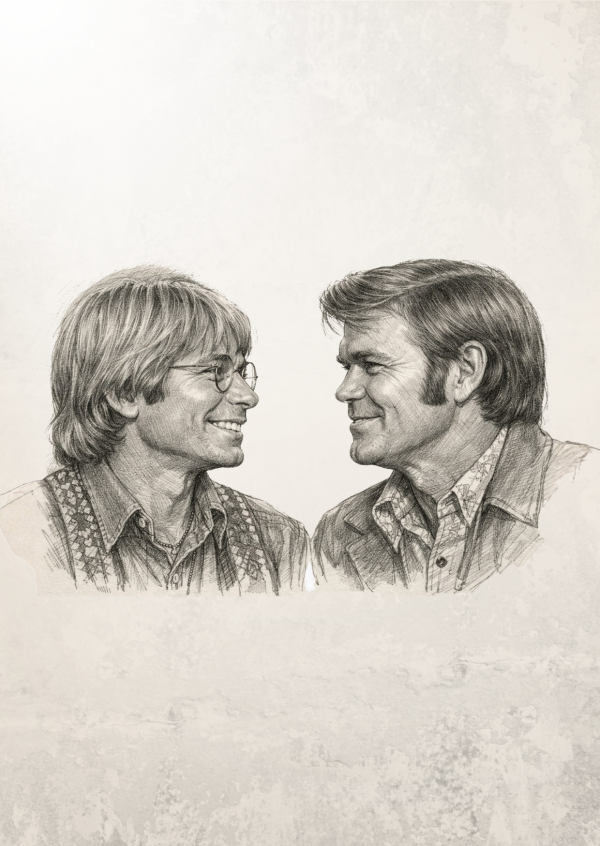 Pencil sketch of two people facing each other in conversation.