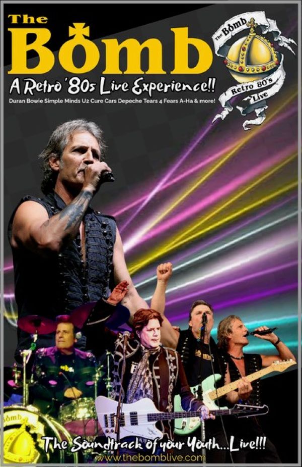 Promotional poster for “The Bomb,” a retro 80s live band, featuring musicians performing under colorful stage lights with text highlighting classic artists like David Bowie and Depeche Mode.