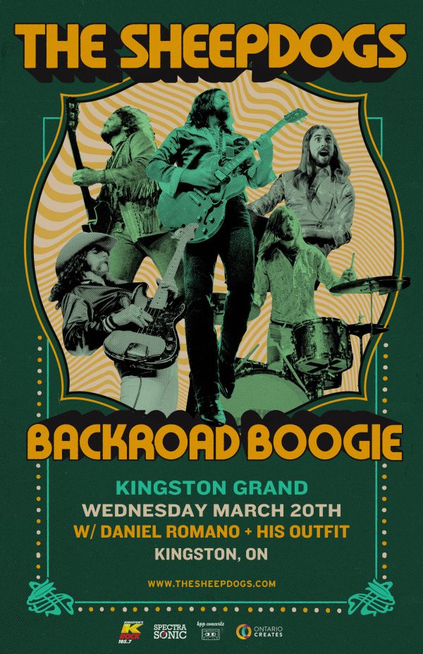 Green poster with the performers cut and pasted into the middle