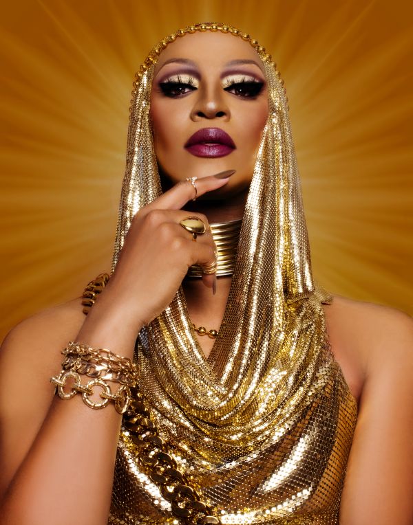 Tynomi Banks by Quinton Cruickshanks drag queen in all gold like the queen of Egypt