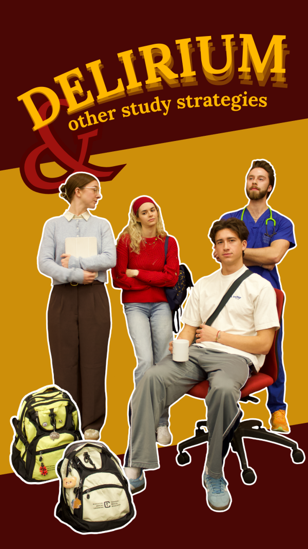 Poster featuring the title ‘Delirium & other study strategies’ with four individuals standing and sitting, holding books and bags, against a red and gold background.