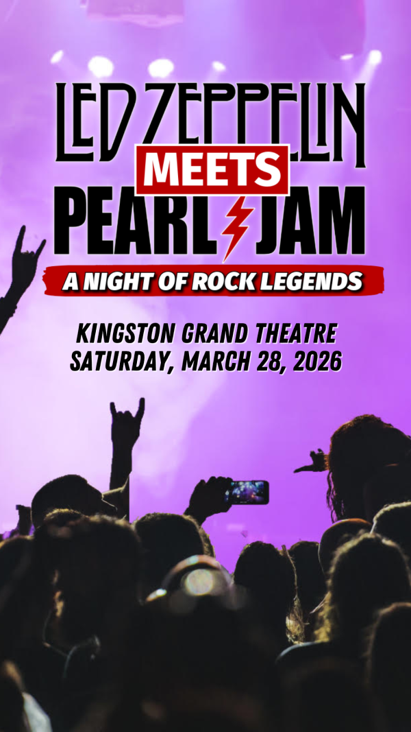 Concert poster for ‘Led Zeppelin Meets Pearl Jam: A Night of Rock Legends’ at Kingston Grand Theatre on Saturday, March 28, 2026, with a purple-lit crowd and raised hands.