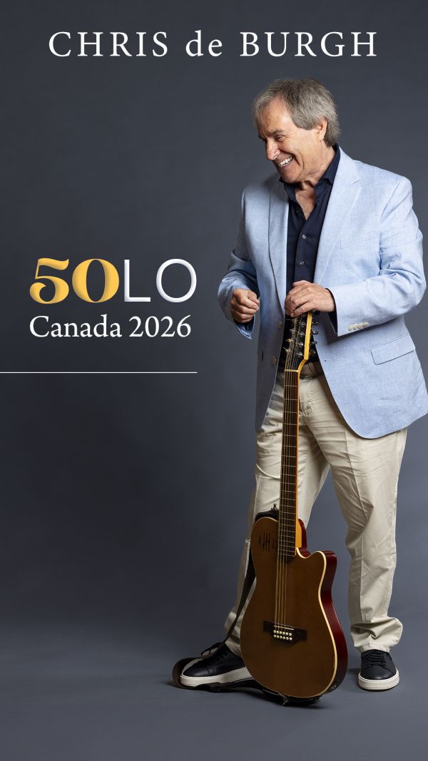 Promotional poster for Chris de Burgh's '50LO Canada 2026' tour, featuring Chris de Burgh standing with an acoustic guitar against a dark grey background, dressed in a light blue blazer and beige pants.